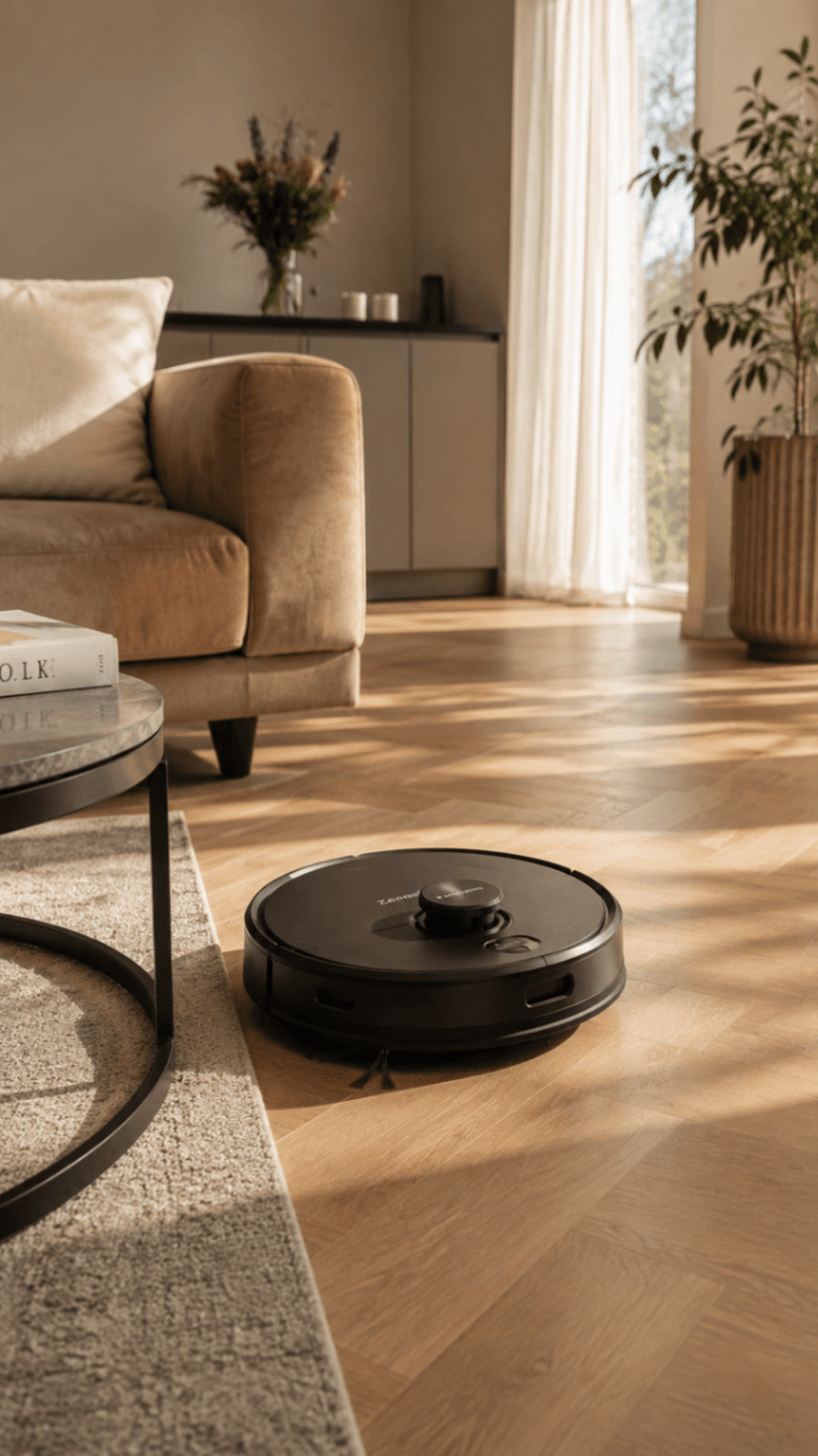 ZenVacu robot vacuum cleaning a living room